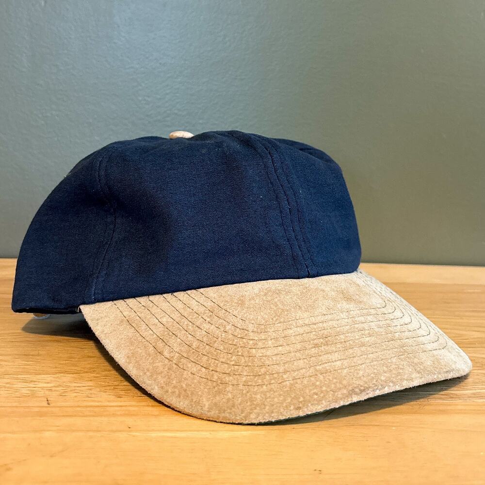 Vintage Cobra Caps Navy Blue Tan Suede Brim Blank Strapback Hat